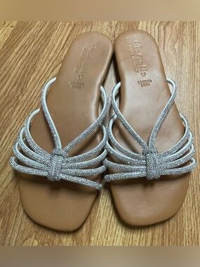 Mariella Made in Italy Rhinestone Slide Sandals Silver Sparkle Leather Sock. Sz8